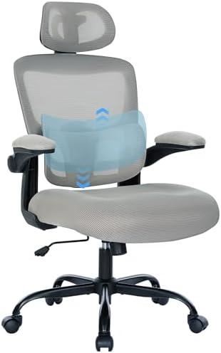 Ergonomic Mesh Office Chair with Lumbar Support- Adjustable High Back Desk Chair with Flip-up Arms- Comfy Home Office Computer Chairs- Task Swivel Rolling Chairs