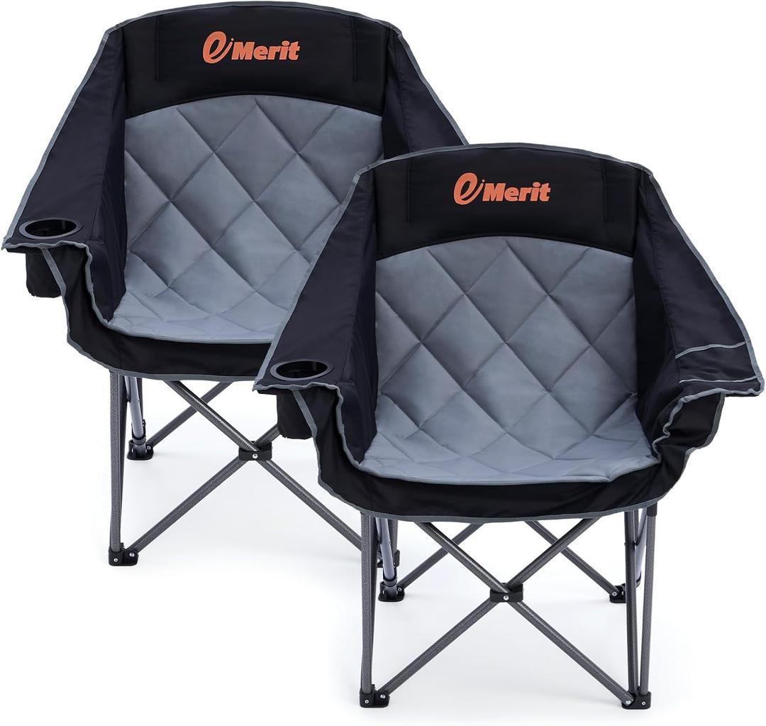 EMERIT 2 Pack Oversized Padded Camping Chair for Big Tall Adults, 500 LBS Heavy Duty Foldable Quad Lawn Chair, 19.68" High Seat, 4-Layer Cushion, Cup Holder, Camping Tailgating Patio, Black