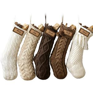 Rustic Knitted Personalized Christmas Stockings: 6 Pack 18 Inch Earth Tones Cable Knit Fireplace Stockings, Neutral Cozy Hanging Xmas Stockings Decorations for Family Holiday Decor, White Beige Brown
