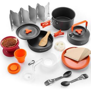 Camping Cooking Cookware Mess Kit - Non-Stick Lightweight Pot Pan Kettle Set with Collapsible Pour Over Coffee Dripper, Outdoor Kitchen Cook Essentials Gear for Camping Hiking Picnic (Orange 20pcs)