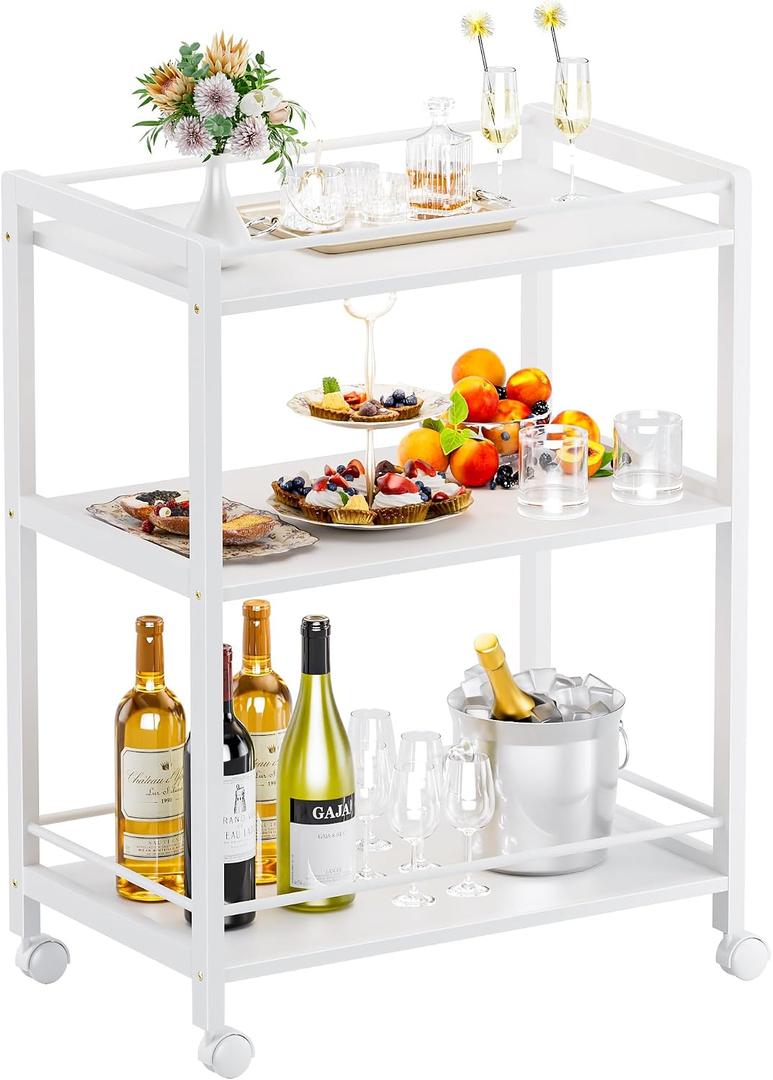 HITNET White Bar Cart, Home Bar Serving Cart, Kitchen Trolley on Wheels with Storage, 3 Tier Rolling Beverage Cart for Living Room Kitchen Home Office, 25.2"W x 15.75"D x 33.46"H