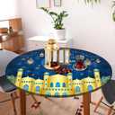Ramadan Round Fitted Tablecloth with Elastic Edge Waterproof Washable Gold Moon Star Table Cloth Fit 44"-48" Round Table Cover Eid Mubarak Decor for Kitchen Dining Picnic Outdoor Party (Blue)