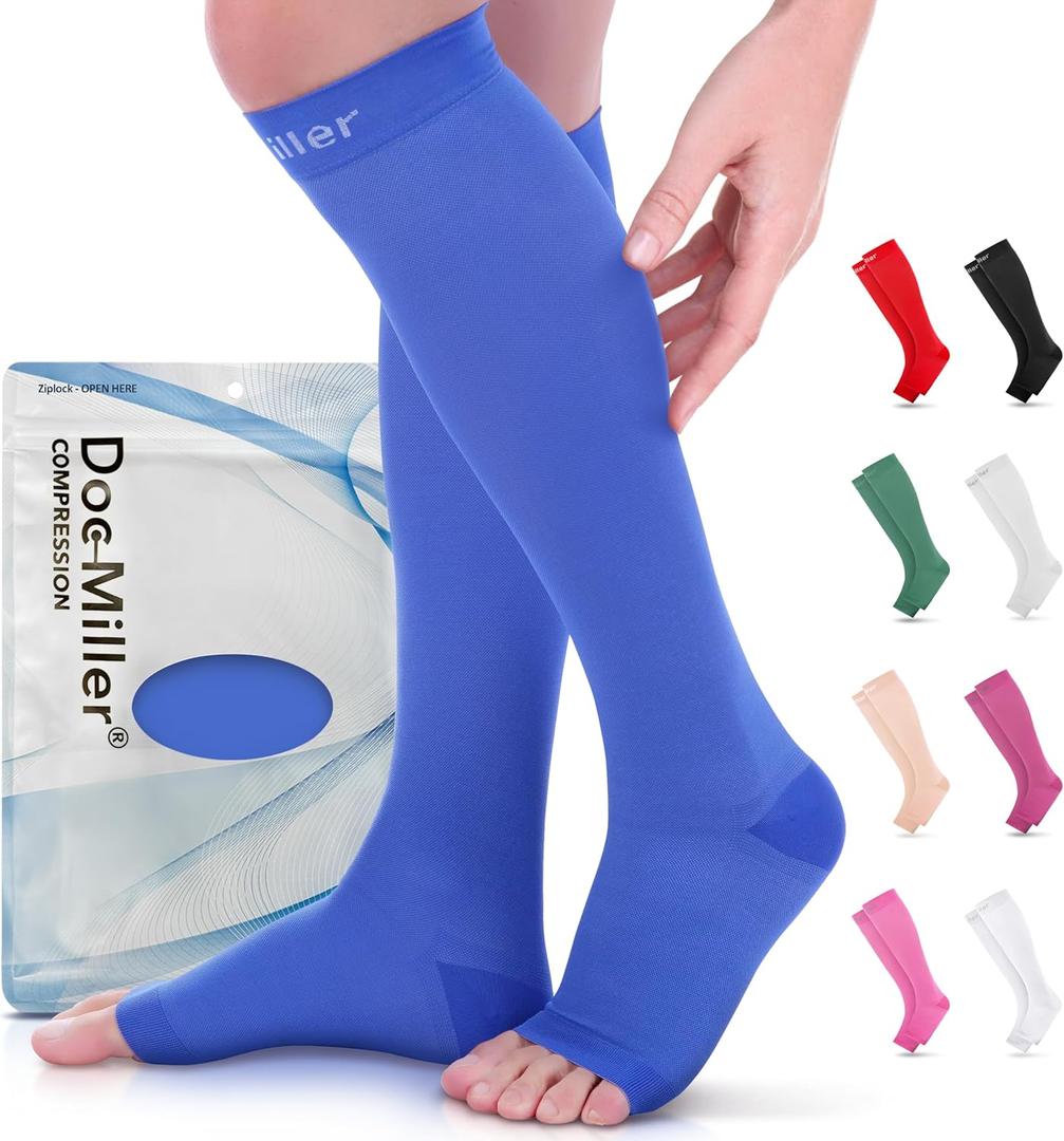 Doc Miller Open Toe Compression Socks for Women & Men 1520 mmHg, Knee High Calf Support Sleeves, Graduated Stockings for Swelling Recovery, Circulation, 1 Pair (XX-Large Tall, Blue)