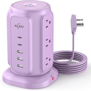 USB C Power Strip Tower, AiJoy 9 AC Outlets and 5 USB Ports Power Tower, 1200J Surge Protection, 1625W Flat Plug Extension Cord Charging Station for Home, Office Supplies, Dorm Essentials (Purple)