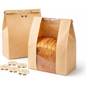 100PCS Bakery Bags with Window, 3.9 x 8.3 x 12.5 Inch Kraft Paper Treat Bags, Resealable Cookie Bags for Packaging Cookies, Coffee, Snacks, Candy, Wedding Favors & Gift