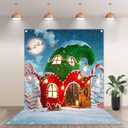 ZTHMOE 5x7ft Polyester Christmas Candy Canes House Photography Backdrop Winter Night Snowflake Background Xmas Pine Trees Cane Sugar Party Decorations Photo Banner Props with Four Holes Easy to Hang