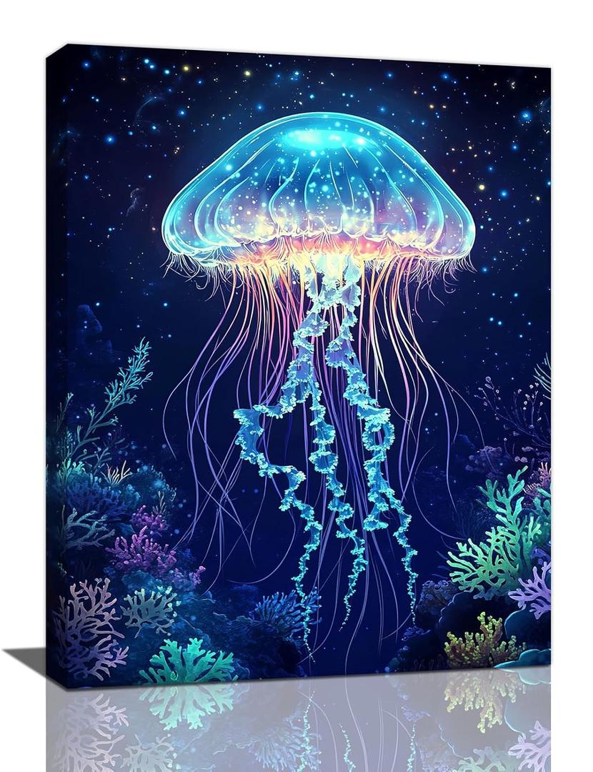 Ocean Jellyfish Wall Art Canvas Coral Fish Wall Decor Prints Framed Painting Underwater Pictures Gifts Artwork for Bathroom Living Dining 16"x24"