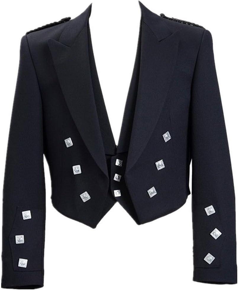 Mens Scottish Prince Charlie Kilt Jacket with Vest (48, Black)