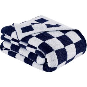 Checkered Throw Blanket, Dark Blue Soft Cozy Fluffy Knitted Throw Blankets for Couch, Sofa, Bed, Chair, Warm Fuzzy Travel Picnic Lightweight Plaid Blanket, 50x70 inches