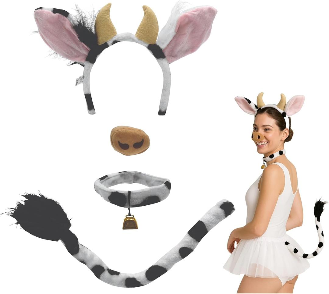 Nicky Bigs Novelties Cow Costume Set For Adults Black White Dairy Cows Ears Headband With Horn Tail Nose Collar Cowbell Necklace Animal Halloween Costumes Accessory Kit
