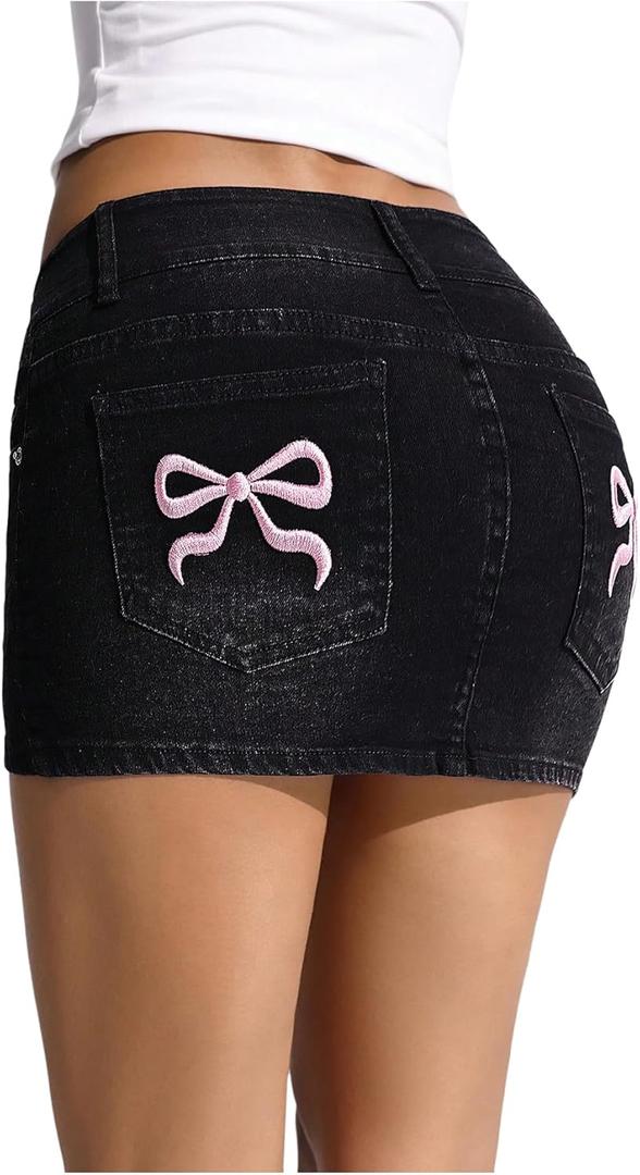 Floerns Women's Bowknot Denim Skirt Stretchy Low Rise Bodycon Mini Skirts Black, Large