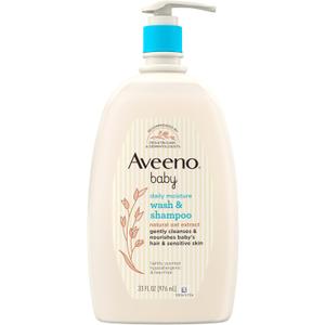 Aveeno Baby Daily Moisture Body Wash & Shampoo with Oat Extract, Hypoallergenic, TearFree, No Added Parabens, pHBalanced Formula For Sensitive Hair & Skin, Baby Essentials, 33 fl oz