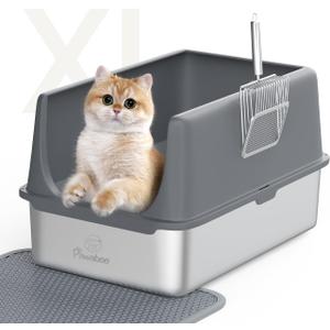 Stainless Steel Cat Litter Box with Lid - Extra Large Litter Box Rust-Proof & Odor-Resistant Open Top for Multiple Cats,14'' High Sided Metal with Scoop & Mat, Easy Cleaning