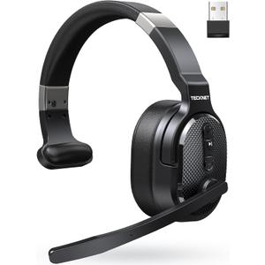 TECKNET Trucker Bluetooth Headset, Stable V5.2 & USB Dongle Connection, 70h Wireless Bluetooth Headsets with Mic and Mute, ENC Noise Canceling, Headset for Truck Drivers, Cell Phone, PC Comfort Office (Black - Non removable)