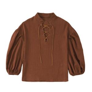 HJYCHN Boys Tshirts Embroidery Stand Collar Solid Lace up Long Sleeve Pullover Tops for Toddler Kids Boys Long Sleeve Shirts Coffee 11-12 Years