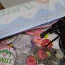 Paterr 140 Pcs Donut Party Favors Doughnut Birthday Party Decorations Candy Donut Gift Supplies Goodie Bag Keychain Sticker Wristband Mini Notebook Gel Ink Pen Badge for Boy Girl Classroom Prize