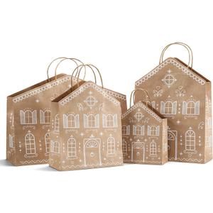 Epakh 24 Pcs Christmas Gingerbread House Gift Bags Kraft Paper Treat Candy Goodies Bags with Handles, 4 Assorted Sizes, Gingerbread House Housewarming Gifts for Winter Xmas Holiday Party Supplies