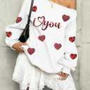 BANGELY Valentines Off Shoulder Sweatshirt Women Love Heart Long Sleeve Shirt Casual Oversized Sweatshirts Fashion Sequin Top (White, L)