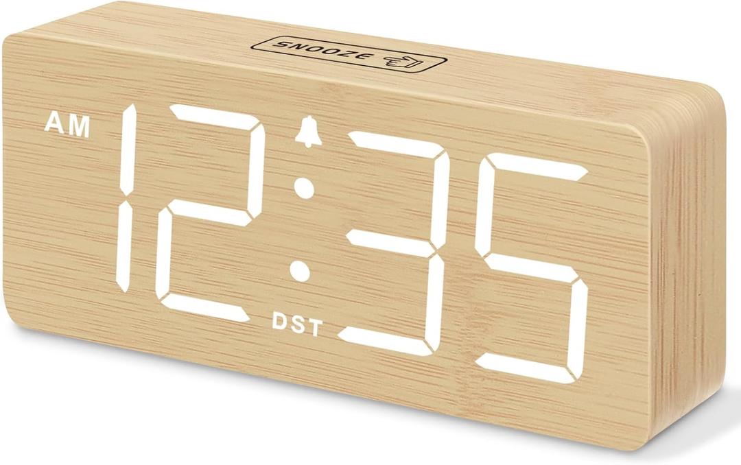 DreamSky Wooden Digital Alarm Clock for Bedroom - Desk Clocks for Living Room with Large Numbers, Dimmer, Loud Alarm for Heavy Sleepers with Volume Control, DST, Office Wood Decor (Plug in Clock) (Bamboo-white)