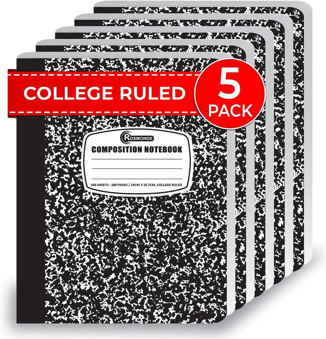 5 Pack College Ruled Composition Notebooks, Black Marble Notebook