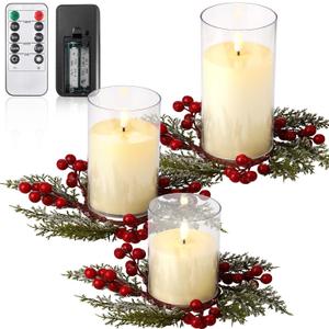 Aurelema 6 Pcs Christmas Flameless Candles with Rings Wreaths Small Artificial Red Berry Ring LED Battery Operated Candle with Remote Control for Xmas Table Centerpieces Cabinet Window Decor (3.9/ 4.9 / 5.91 Inch, Ivory)