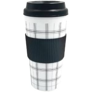 Travel Mugs - Drink Tumblers -  Sturdy Black and White Buffalo Check Double Wall Tumbler with Safety Wrap - Hot & Cold Beverages - Coffee Mug - Travel Cups