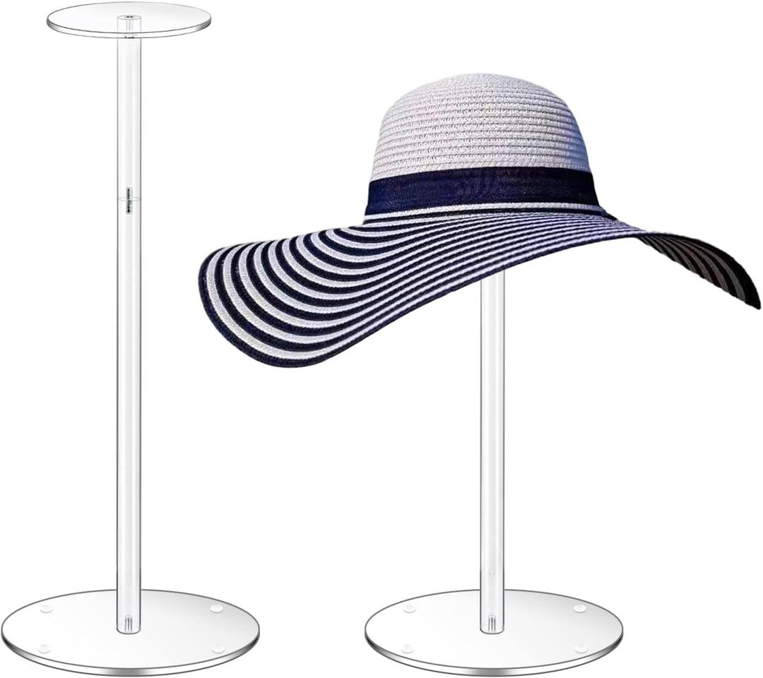 Acrylic Hat Stand and Wig Display Rack, 2pcs 17" Clear Hat Stands, Adjustable Height Hat Holder, Round Barbell Base