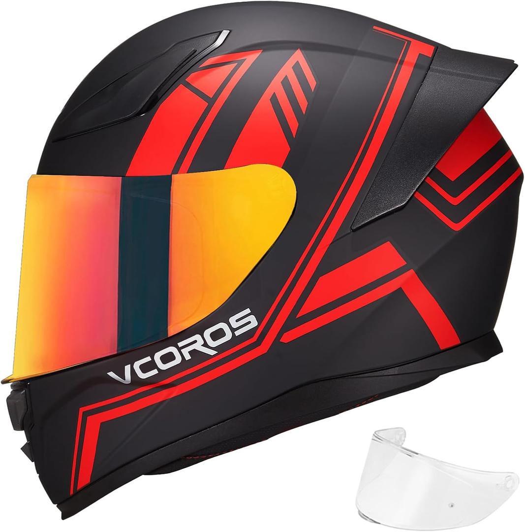 VCOROS Motorcycle Full Face Helmet for Unisex-Adults DOT Approved WS-609 Motorbike Street Bike Racing Helmets, Matte Red Lines, Small