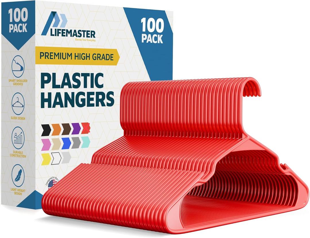 Plastic Clothes Hangers  Heavy Duty Hanger Set, for Organizing Clothes, Dresses, and Coat, Holds Up to 5 lbs, Space-Saving Hangers with Non-Slip Shoulder Grooves, Pack of 100, Brown