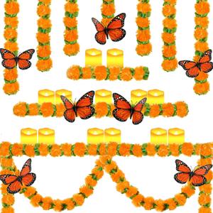 Riceshoot 20 Set Marigold Garland Decoration Day of The Dead Party Supply Include 9.8 ft Marigold Garland with Green Leaves 6 Pcs Butterfly 12 Pcs LED Candle Wedding Diwali Indian Halloween Christmas