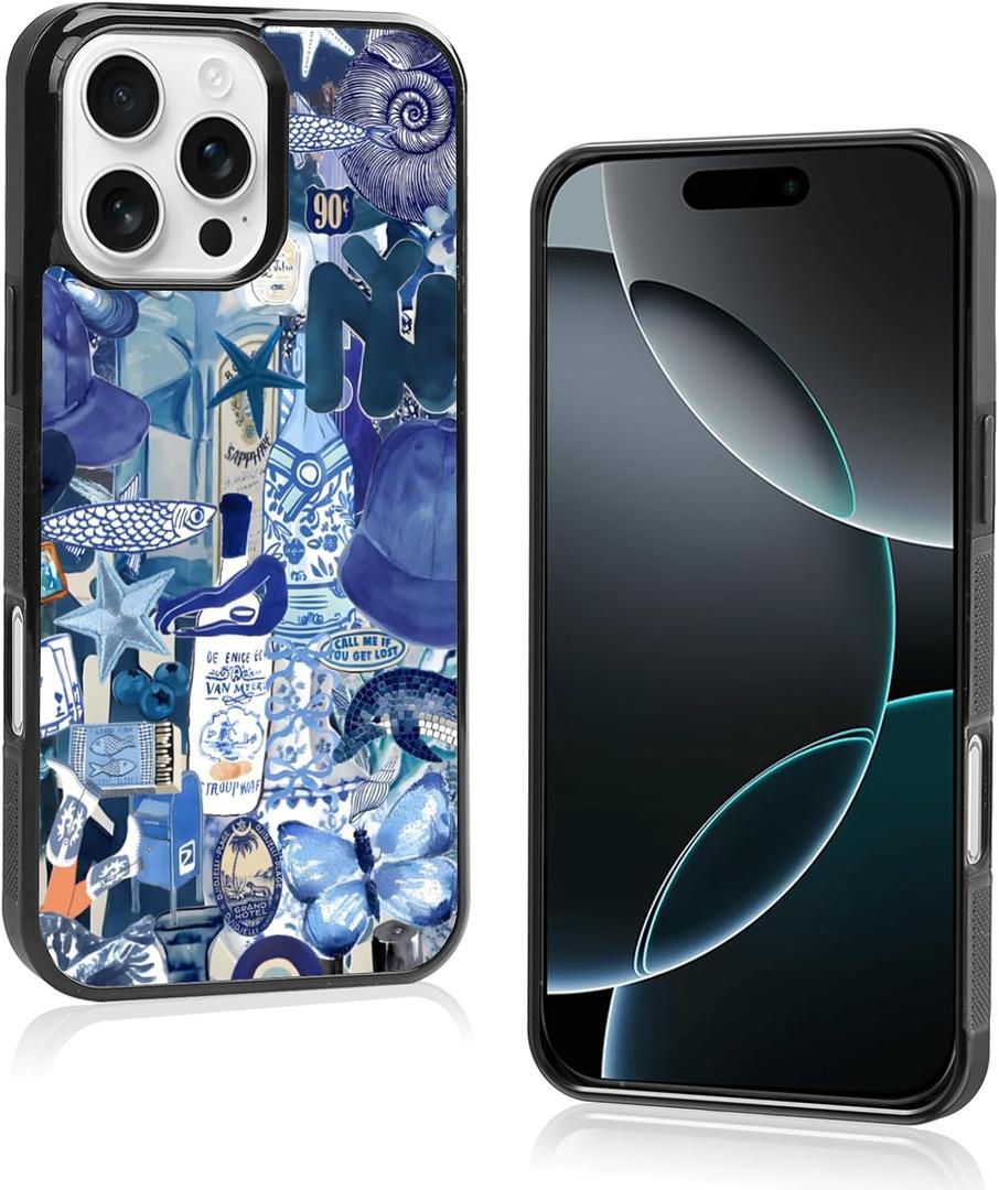 Cute Trendy Blue Coquette Collage Aesthetic Phone Case for iPhone 16 Pro Max Case for Teen Girls Women Kids Girls - 6.9Inch