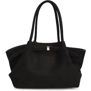 Makukke Faux Suede Tote Bag for Women, Hobo Handbag Women Vintage Shoulder Bag Purse for Work Office Travel (Black-medium-suede)