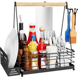 Grill Caddy, BBQ Caddy for Outdoor Grill with Paper Towel Holder, Picnic Condiment Utensil Caddyfor Outdoor Camping Essentials, Barbecue, RV Patio, Tailgate, Grilling Gifts for Men, Dad