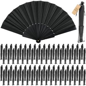 Wenqik 120 Pcs Wedding Folding Hand Fans Bulk Silk Fabric Chinese Handheld Foldable Clack Fans with Plastic Ribs for Party, Wedding Gifts, Line Dancing, Home Decorative (Black)