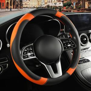 Binsheo Leather Steering Wheel Cover, Breathable, Anti Slip & Odor Free, Black and Orange