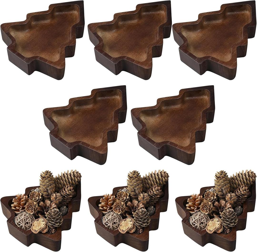 Jingmore 8 Pcs Christmas Wooden Bowl Christmas Tree Tray Dough Charcuterie Board Rustic Xmas Sushi Plate Hand Carved Wood Bowl Paulownia Bowls for DIY Decoration Dining Home