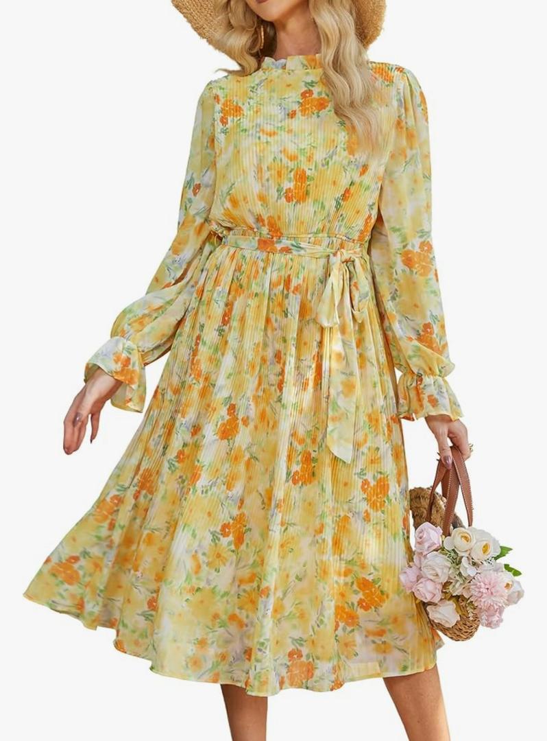 ANRABESS Womens Fall Vacation Guest Dress 2025 Long Sleeve Mock Neck Mesh Floral Boho Flowy Casual Tea Party Midi Dresses Floral Orange Medium M