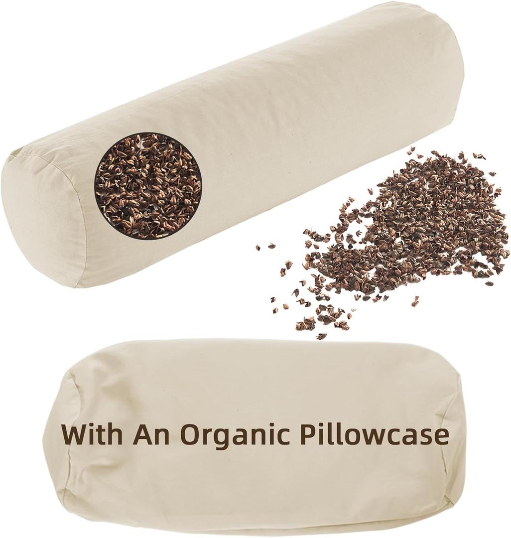 LOFE Buckwheat Pillow - Adjustable Bolster Pillow(17x6) to Provide Firm Support, Neck Roll Pillow for Side and Back Sleepers, Cylinder Pillows with Organic Pillowcase(Tartary Buckwheat Hulls)
