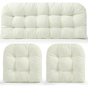Barydat 3 Pack Wicker Furniture Cushions Waterproof Outdoor/Indoor Tufted Wicker Chair Cushions 1 Loveseat and 2 U-Shape Rattan Chairs for Patio Furniture, Rattan Love Seat, Bench(Cream)