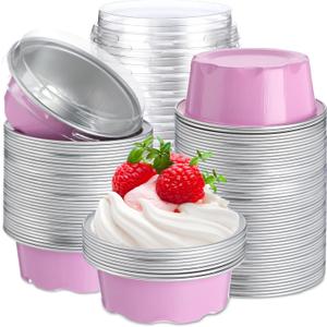 Eaasty 150 Pcs Baking Cups with Lids, 1.6 oz Muffin Cupcake Liners Aluminum Foil Mini Cake Pans Small Disposable Ramekins Flan Containers with Lids for Weddings, Birthday, Various Holiday (Pink)