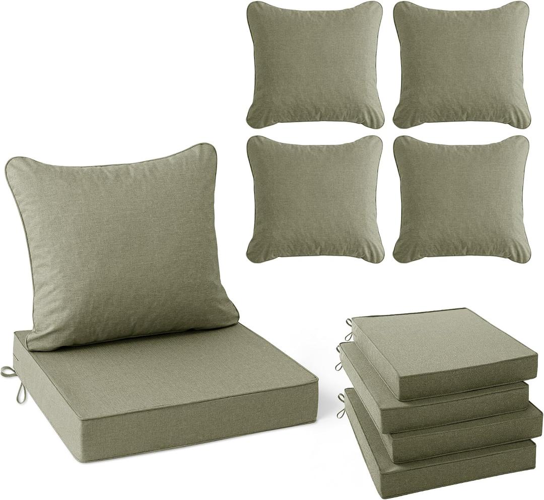 Summsun Water Resistant Outdoor Chair Cushions, Faux Linen Backrest and Deep Seat Cushion Set with Ties, Removable Cover, Non-Slip Bottom for Patio Furniture, 22 x 22 Inch, Mocca Green, Set of 4