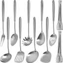 11PCS Cooking Utensils Set - 304 Stainless Steel Kitchen Utensils Set, Metal Cooking Tools & Serving Utensils, Fork, Tongs, Turner, Pasta, Serving Spoon, Skimmer, Ladle, Spatula Spoon, Dishwasher Safe (Silver-11 Pieces)