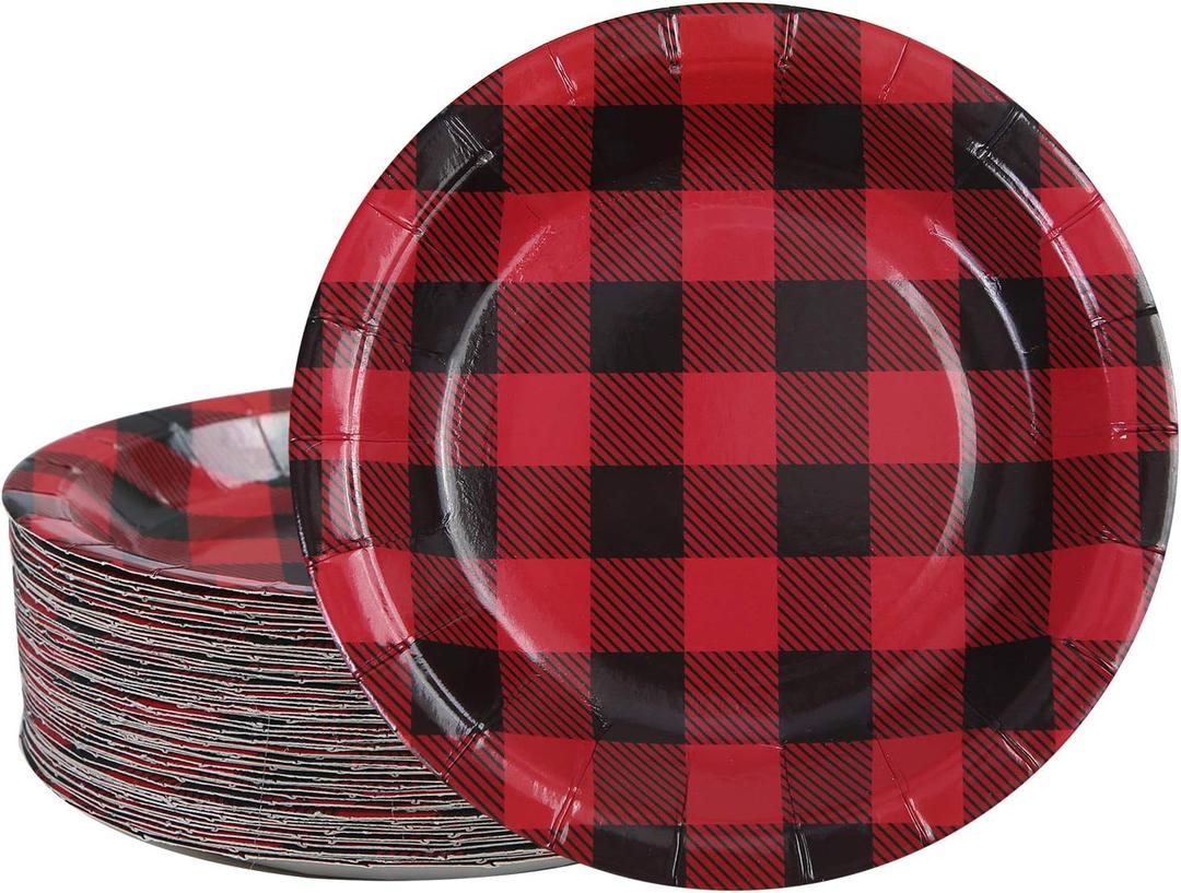 Aneco 60 Pieces Red and Black Plaid Paper Plates Disposable Plates Round Plates Party Supplies for Party, 7 Inches