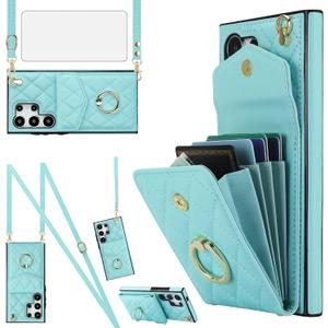 Asuwish Phone Case for Samsung Galaxy S25 Ultra 5G Wallet Cover with Tempered Glass Screen Protector and Crossbody Wrist Strap Ring RFID Blocking Card Holder Cell S25Ultra 25S S 25 25Ultra Women Teal