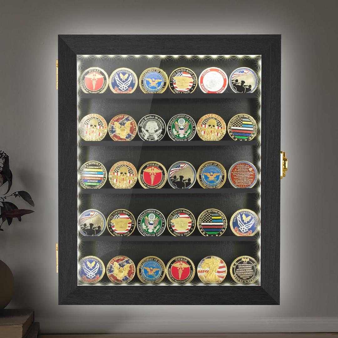 Military Challenge Coin Display Case with LED 11x14IN, Medal Shadow Box with HD Acrylic Glass, Removable 2 Groove Shelves, Wall Mount Coin Collection Holder for Casino Poker Chips Exquisite Souvenirs