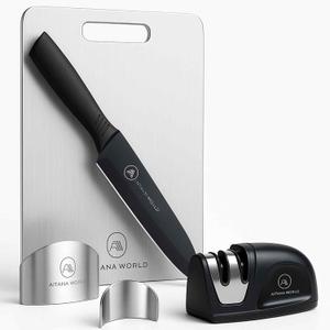 Stainless Steel Cutting Board for Kitchen – 4-Piece Kitchen Kit with Finger Guards, Paring Knife & Knife Sharpener – Rustproof Steel Chopping Board, Non-Slip, Easy to Clean,for Meat, Veggies & Fruits, One Size