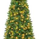 Goplus Prelit Pencil Christmas Tree, Premium Hinged Fir Tree, with LED Lights and Solid Metal Stand, Easy Assemble, Ideal Artificial Xmas Tree for Home and Office, Warm White LED (7.5FT)