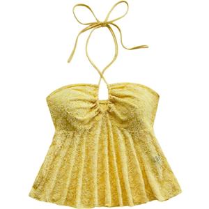 Milumia Women's Boho Textured Halter Top Pleated Ruffle Hem Summer Cami Tops (M)
