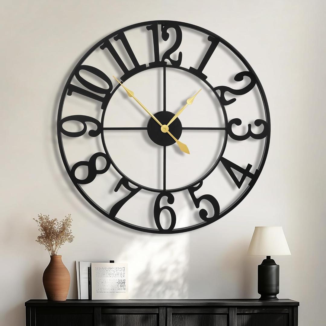 HAITANG 24 Inch Large Wall Clock for Living Room Decor, Black Metal Silent Non Ticking Battery Operated Modern Vintage Decorative Clock for Bedroom