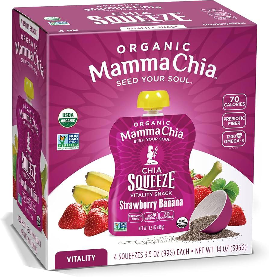 Mamma Chia Organic Vitality Squeeze Snack, Strawberry Banana, 24- 3.05 Ounce Chia Pouches. USDA Organic, Non-GMO, Vegan, Gluten Free, and Kosher. Fruit and Vegetables with only 70 Calories, BB date: 07/01/2026